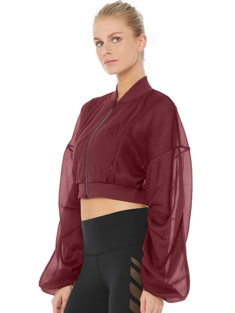 Alo Field Cropped Jacket in Burgundy Mesh Bomber Jacket